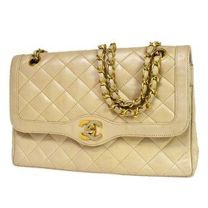 CHANEL CC Double Flap Paris Matelasse Chain Shoulder Bag Beige Vintage